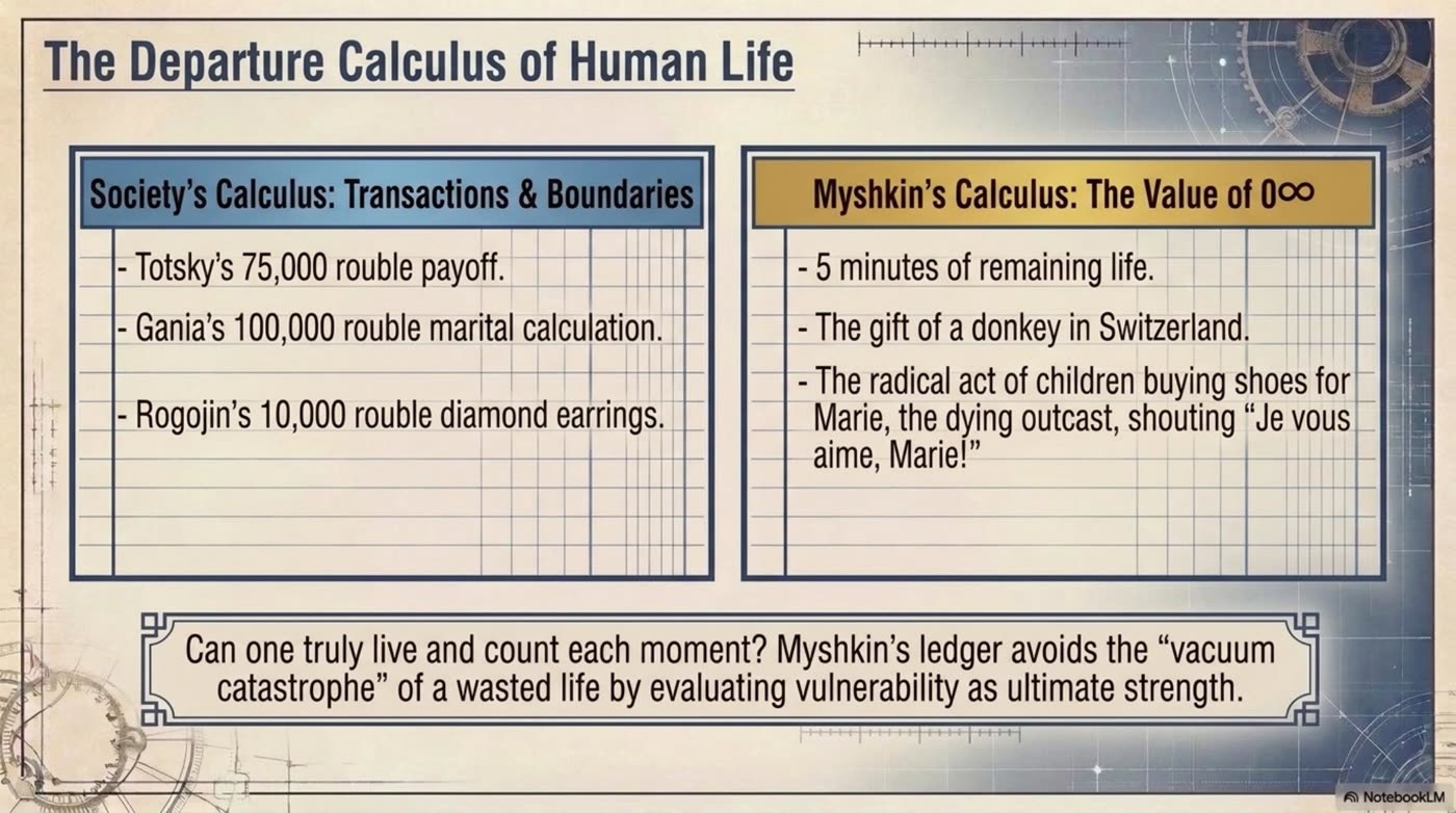 NotebookLM slide titled The Departure Calculus of Human Life, comparing social transactions with Myshkin's calculus.
