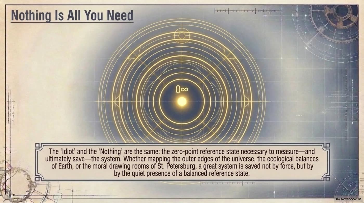NotebookLM slide titled Nothing Is All You Need, comparing the idiot and the nothing as a zero-point reference state.