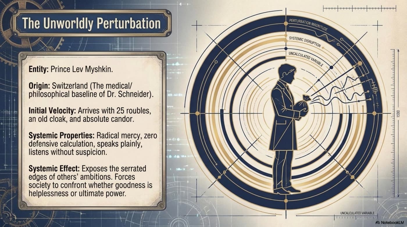 NotebookLM slide titled The Unworldly Perturbation, describing Prince Lev Myshkin as a systemic variable.