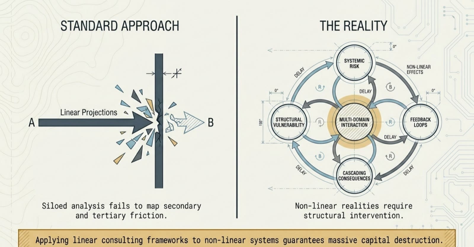 Diagram contrasting a linear standard approach with a non-linear systemic reality.