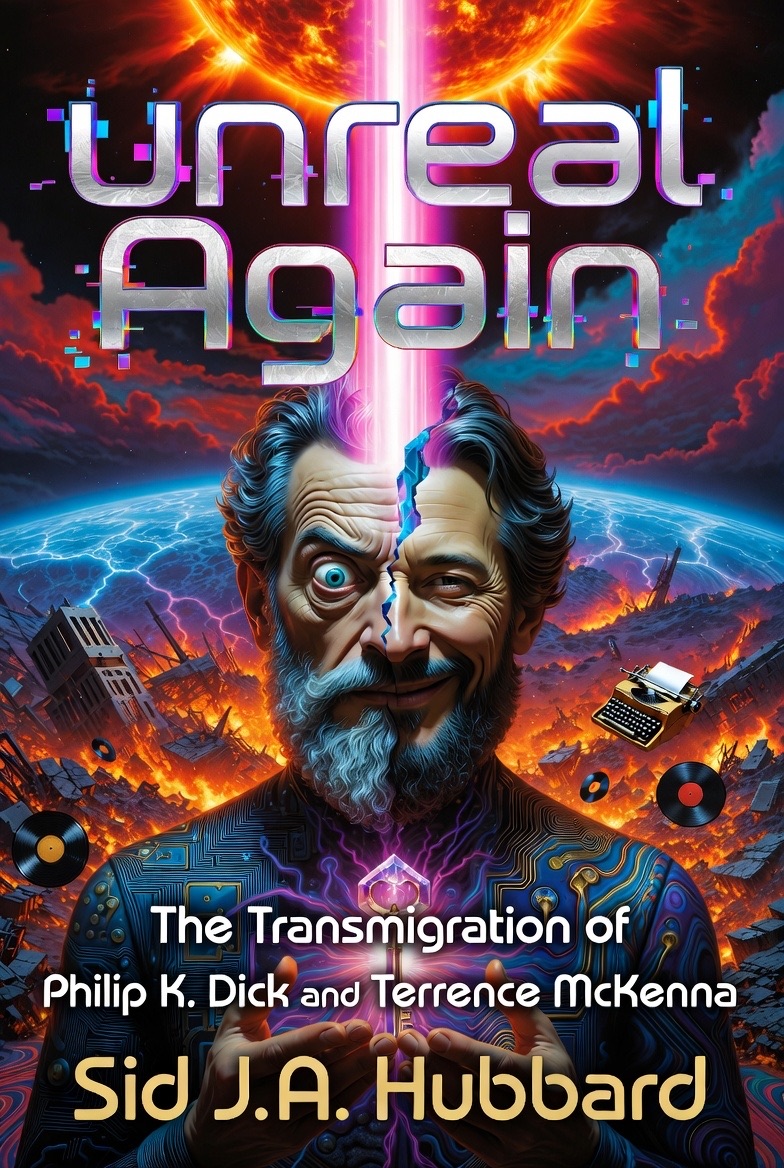 Unreal Again book cover: a divided face beneath a burning sun and a beam of pink light.