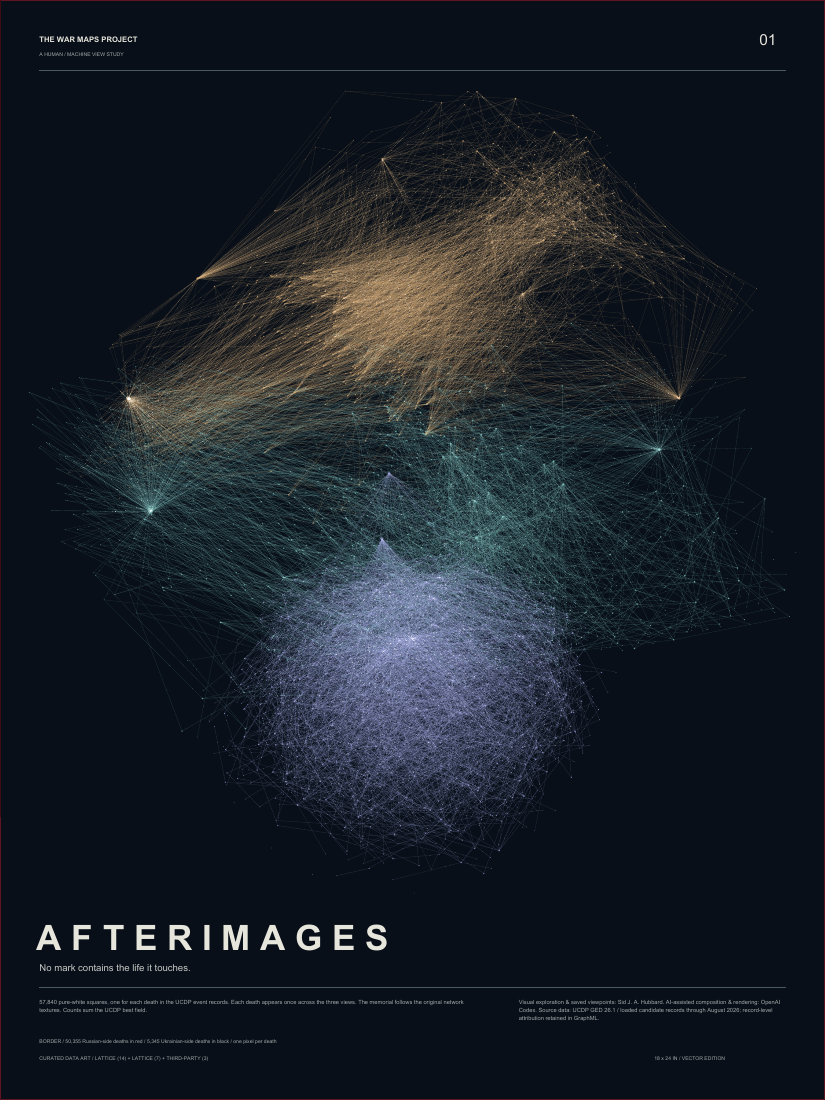 Afterimages: three overlapping gold, turquoise and lavender conflict-network views on a dark field.